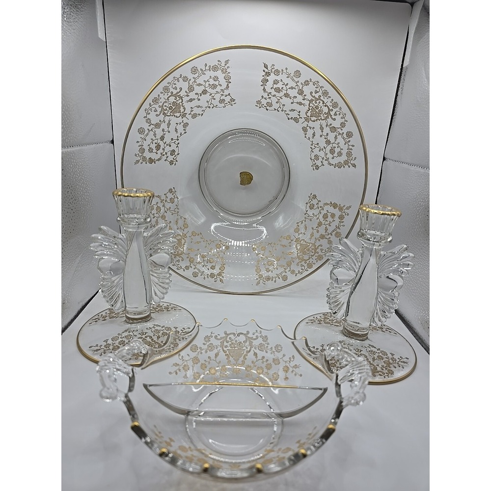 Glastonbury Lotus Rosebud 22 Karat Gold Overlay Vintage Set 4 Pieces